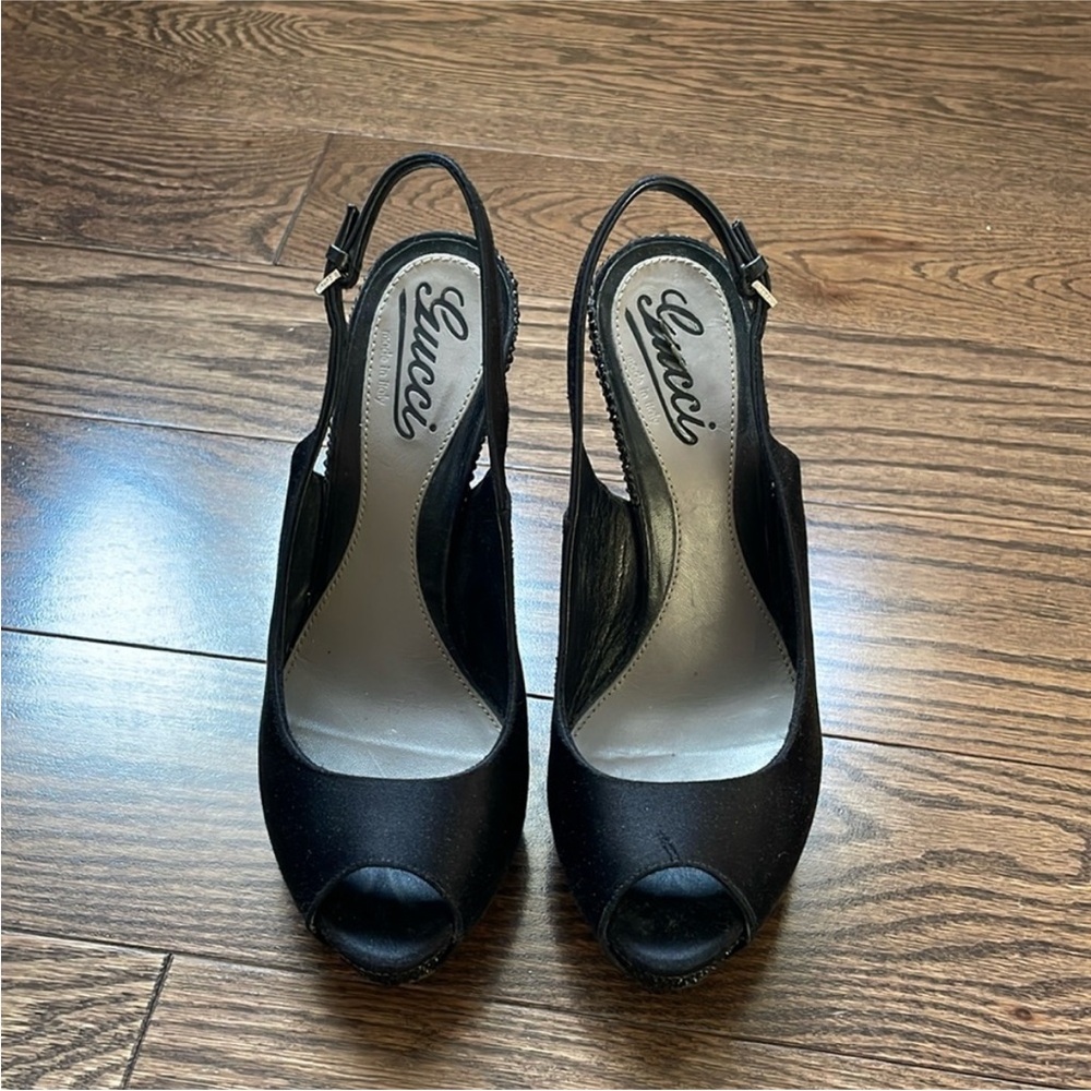 Gucci Satin Rhinestone Peep-toe Slingback Heels 36